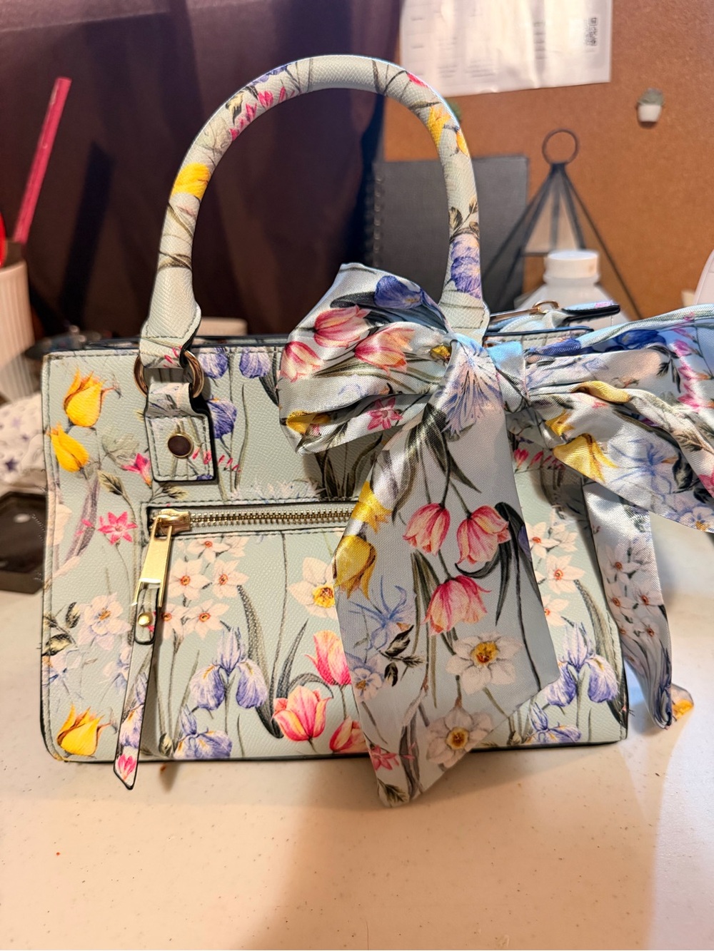Aldo Floral Bow Satchel - Light Blue with Multicolor Flowers